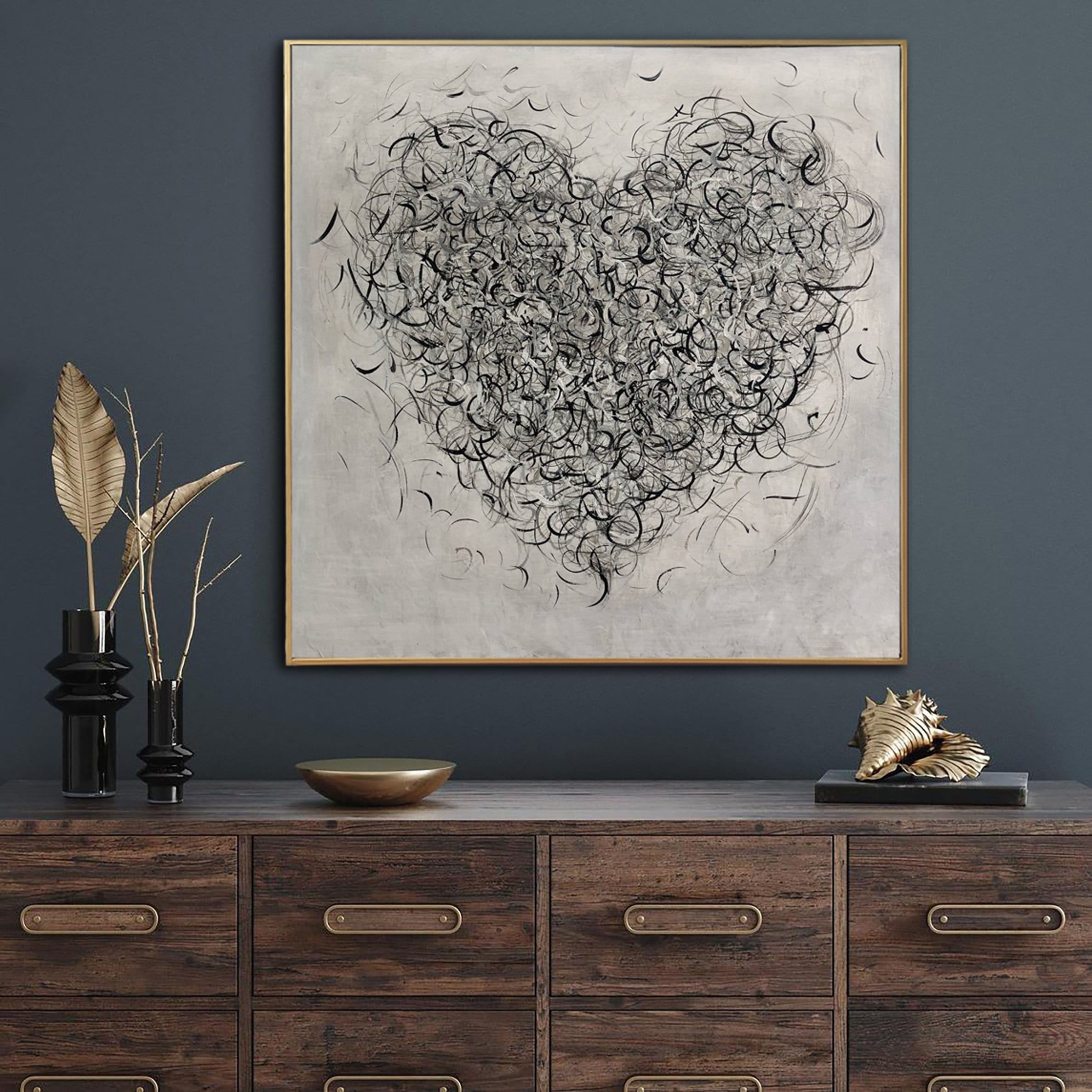 Black and White Wall Art Original Heart Painting on Canvas Love Artwork Romantic Wall Art 40x40 Art Customized Painting above Bed Decor | BLACK HEART - Trend Gallery Art | Original Abstract Paintings