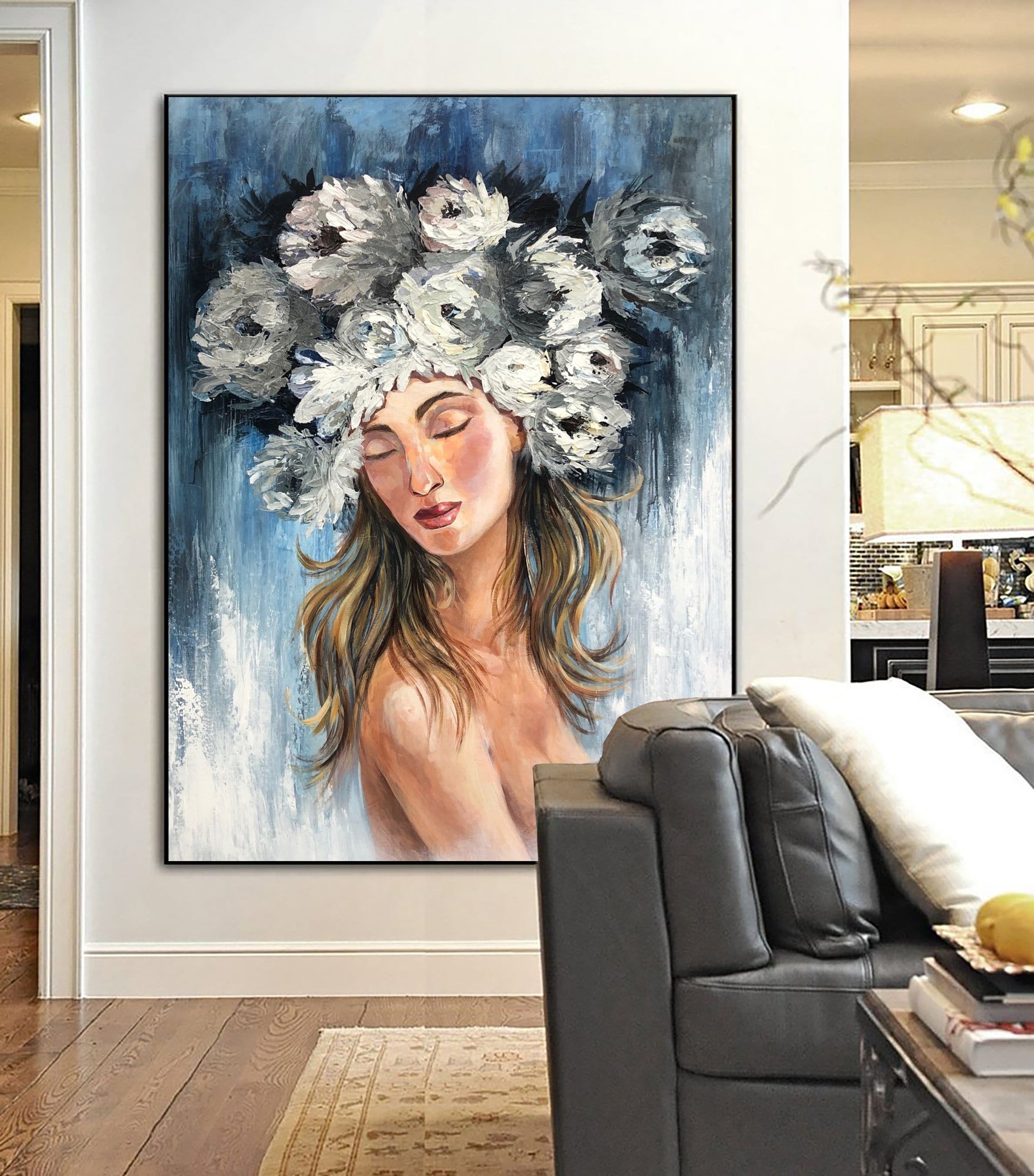 Flower Head Painting Figurative Wall Art Abstract Portrait Painting Girl with Flowers Art Blue Artwork Sexy Woman in Bloom Painting | GIRL IN BLOOM - Trend Gallery Art | Original Abstract Paintings