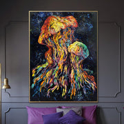 قنديل البحر مجردة النفط الطلاء على قماش ملون Impasto الفني الحديث الحيوان جدار الفن المحيط الحياة اللوحة الملمس الأصلي الفن | JELLYFISH FAMILY