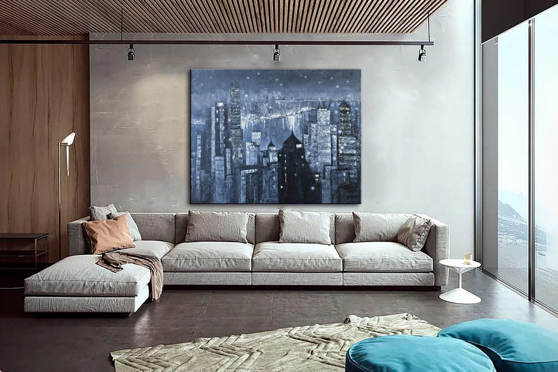 Abstract Blue Paintings On Canvas Original City Painting Support Ukraine Oil Handmade Painting | WHAT THE NIGHT HIDES - Trend Gallery Art | Original Abstract Paintings