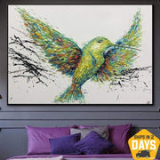 لوحات زيتية أصلية كبيرة على شكل طيور كوليبري لوحة فنية قماشية خضراء من الأكريليك لوحة زيتية تجريدية| SPRING HUMMINGBIRD 20"x28"