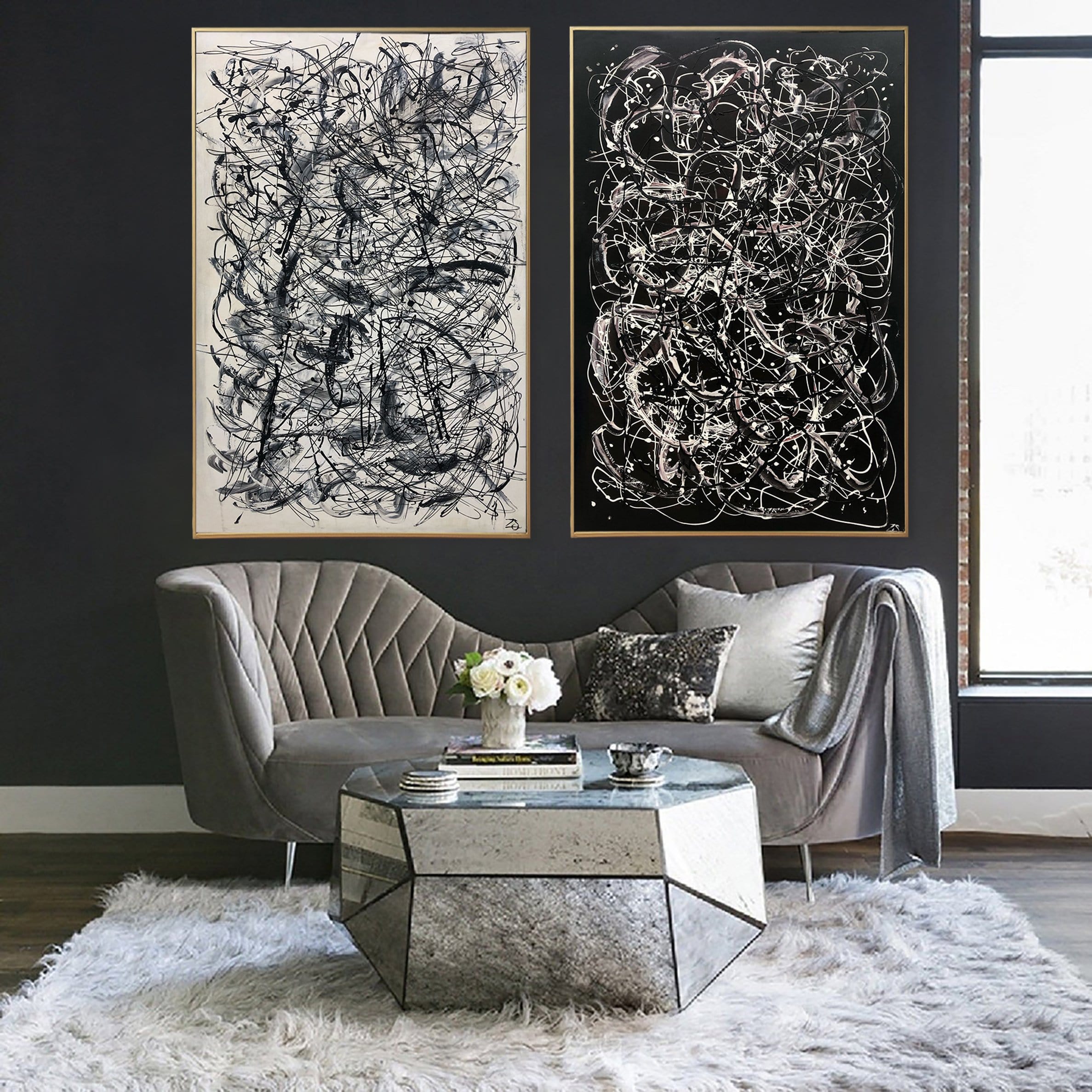 Pollock Style Painting on Canvas Black and White Wall Art Personalized Artwork Diptych Painting Heavy Textured Art Wall Decor | WAKING UP IN A MAZE - Trend Gallery Art | Original Abstract Paintings