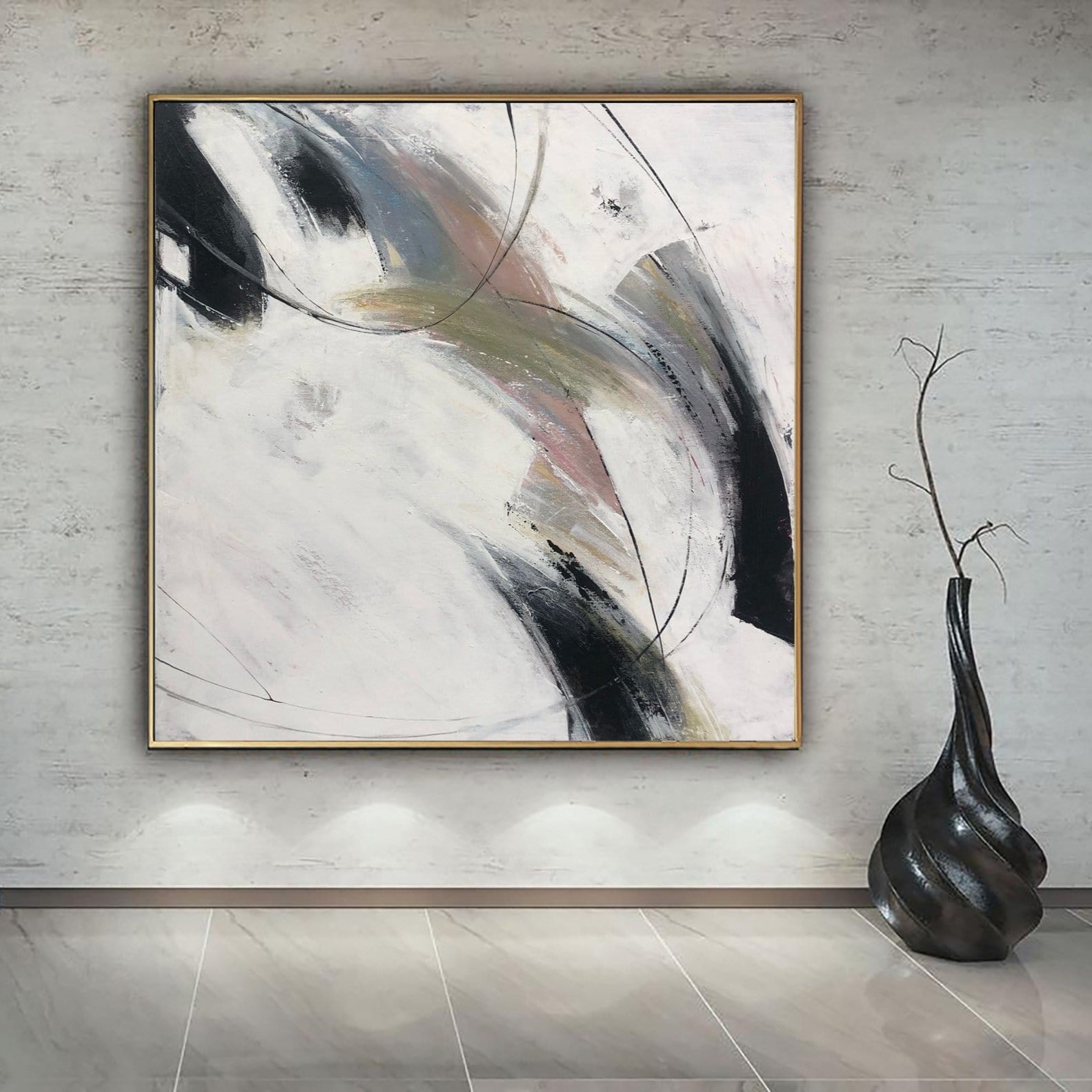 Abstract Minimalist Paintings On Canvas Original Art In Beige, Black And White Colors Giant Painting In Custom Size | OVERCAST SKY - Trend Gallery Art | Original Abstract Paintings