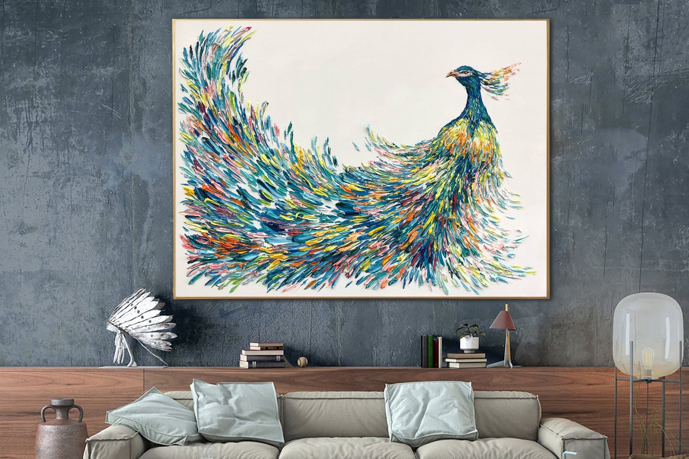 Abstract Peafowl Paintings On Canvas Colorful Peafowl Wall Art Wild Bi