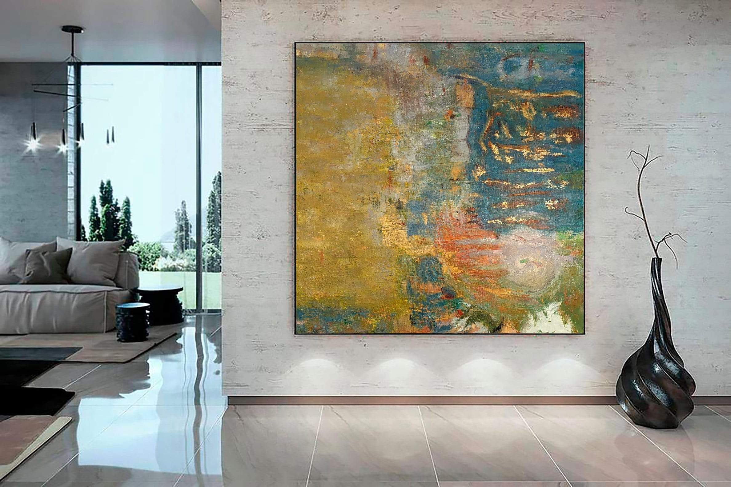 Large Abstract Painting on Canvas Green Painting Gold Leaf Artwork Vibrant Wall Art Abstract Impressionism Painting Hand Painted Art | TROPICAL BEACH 40"x40" - Trend Gallery Art | Original Abstract Paintings