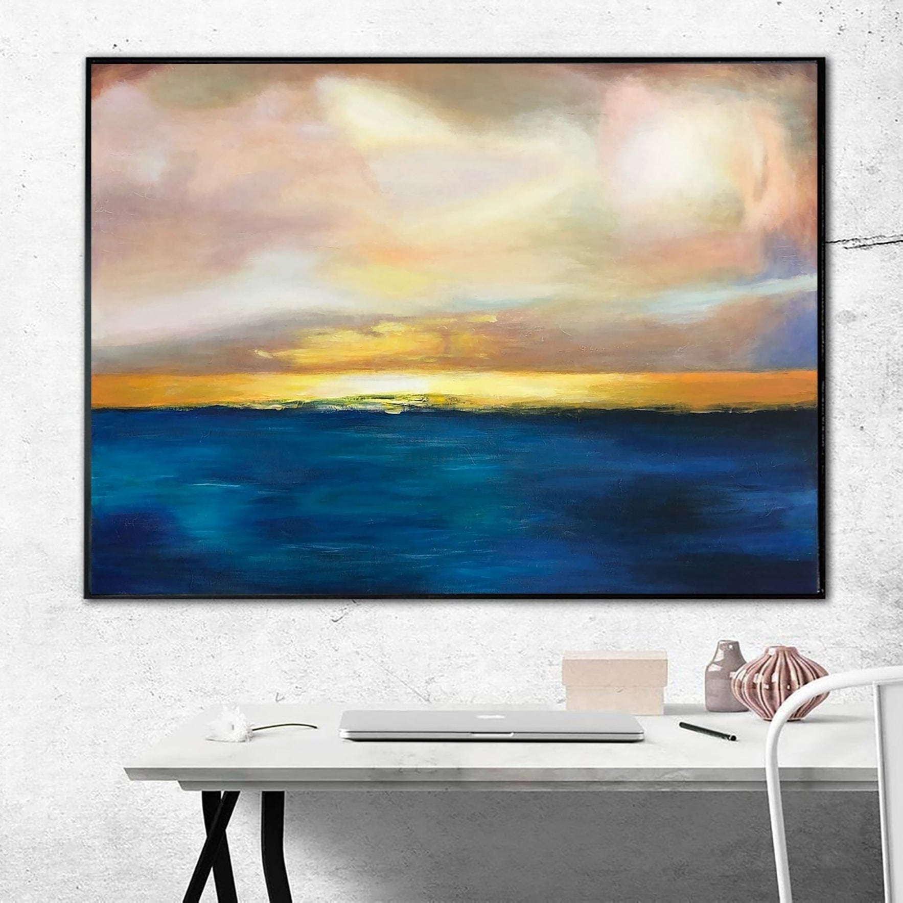 Sunset Painting Abstract Blue Ocean Wall Art Gold Horizon Fine Art Large Ocean Thick Paint Unique | SUMMER SUNSET - Trend Gallery Art | Original Abstract Paintings