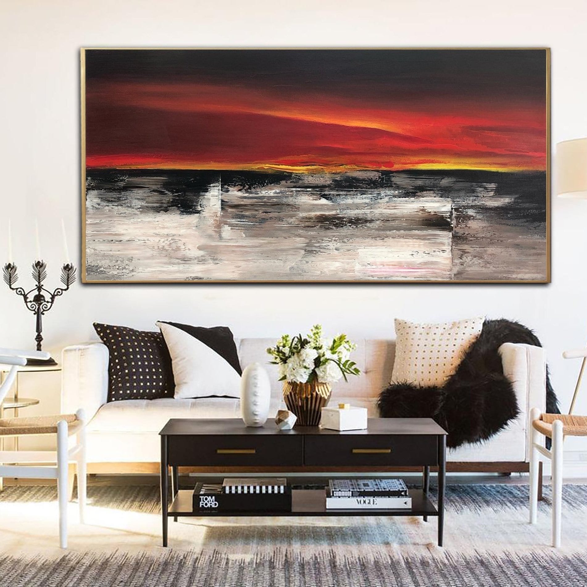 Abstract Landscape Painting Canvas Colorful Wall Art Red Artwork Personalized Painting 40x60 Art Sunset Painting above Bed Decor | SUNSET ABOVE FIELD - Trend Gallery Art | Original Abstract Paintings