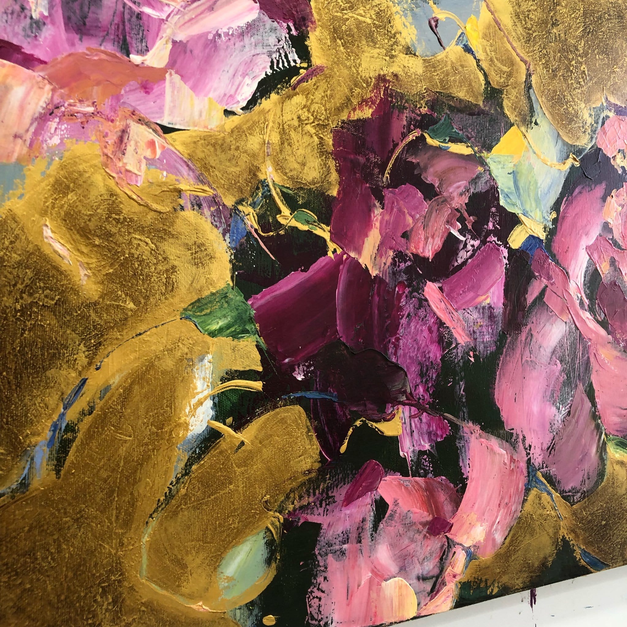 Large Flowers Paintings On Canvas Colorful Abstract Floral Art In Pink And Gold Colors Textured Handmade Painting Modern Art | FLOWER COLLAGE - Trend Gallery Art | Original Abstract Paintings