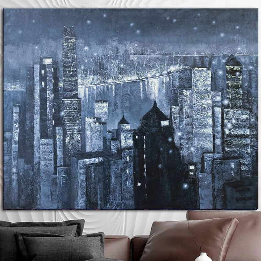 Abstract Blue Paintings On Canvas Original City Painting Support Ukraine Oil Handmade Painting | WHAT THE NIGHT HIDES - Trend Gallery Art | Original Abstract Paintings