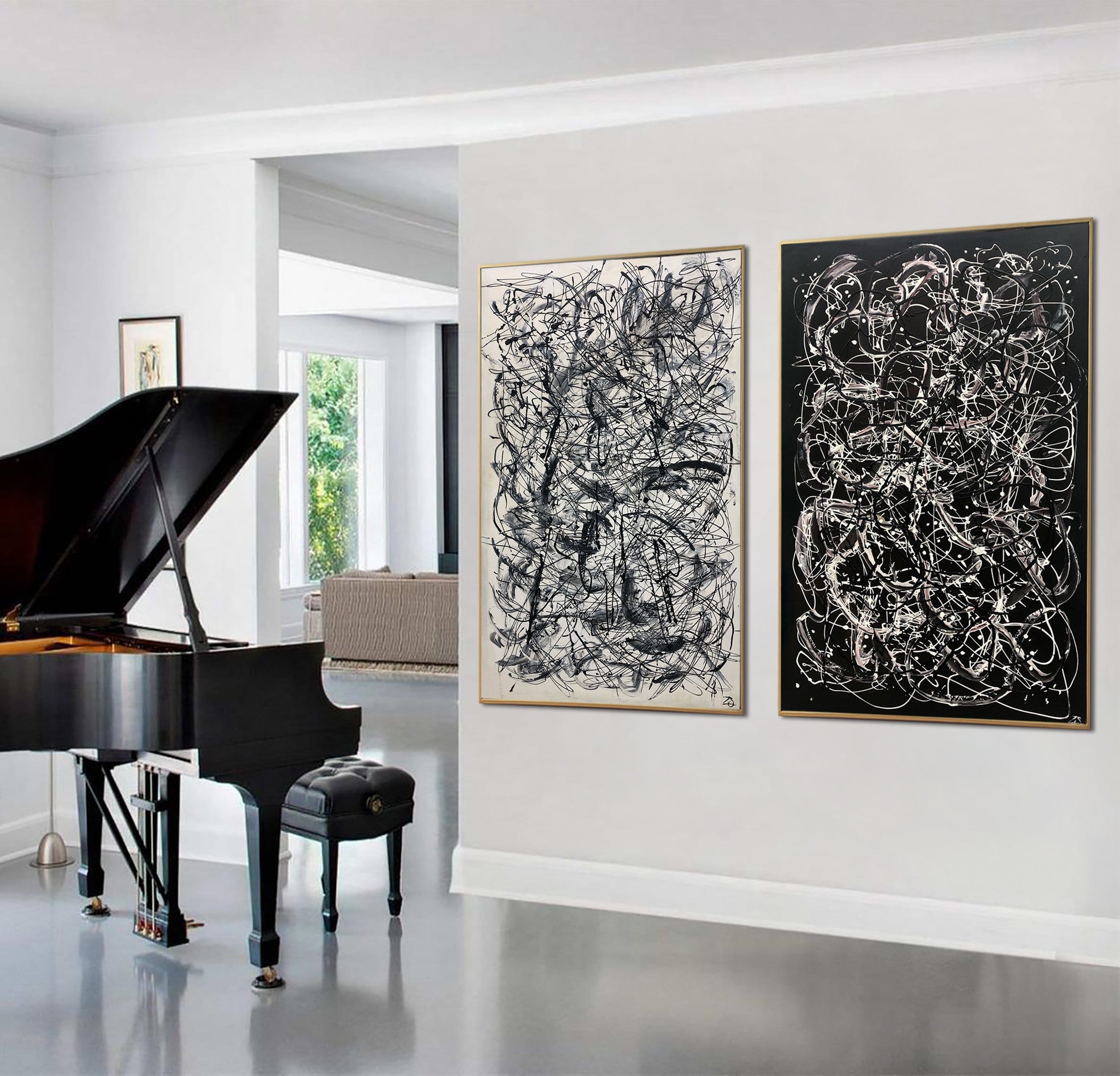 Pollock Style Painting on Canvas Black and White Wall Art Personalized Artwork Diptych Painting Heavy Textured Art Wall Decor | WAKING UP IN A MAZE - Trend Gallery Art | Original Abstract Paintings