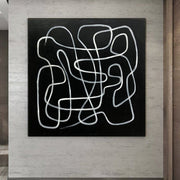 Abstract Black and White Paintings On Canvas Minimalist Art Monochrome Lines Painting Textured Geometric Art Abstract Labyrinth Painting | BLACK MAZE