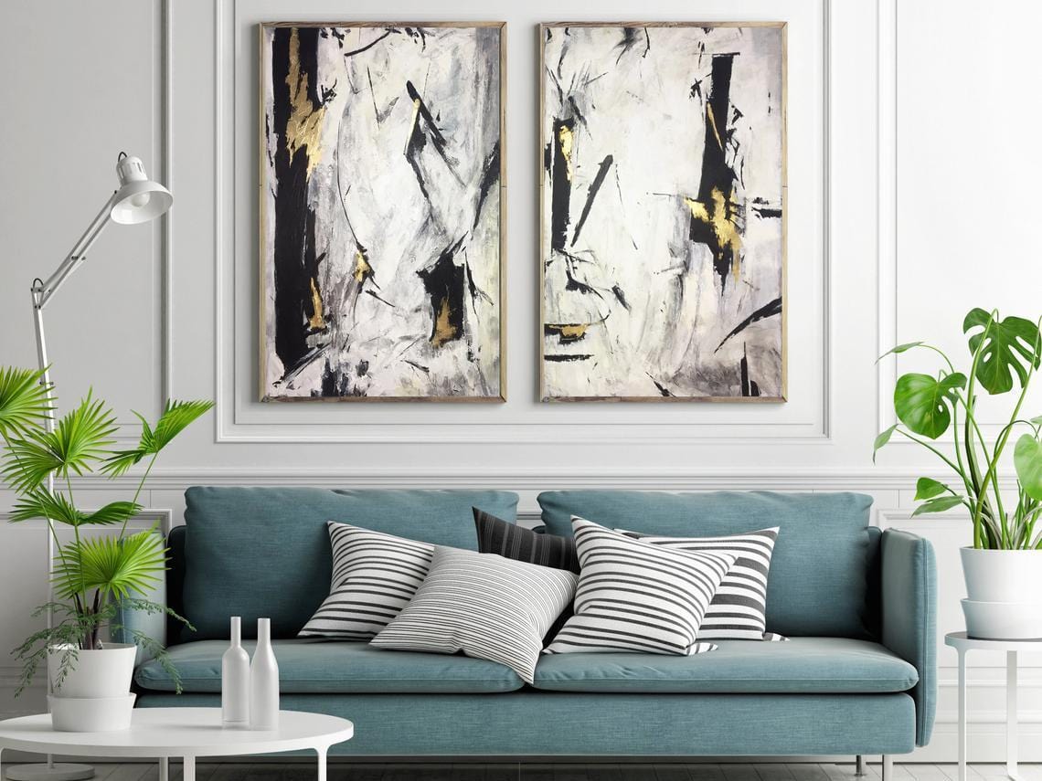 Oil Paint Canvas Set Abstract Art Set Of 2 Black White Abstract ...