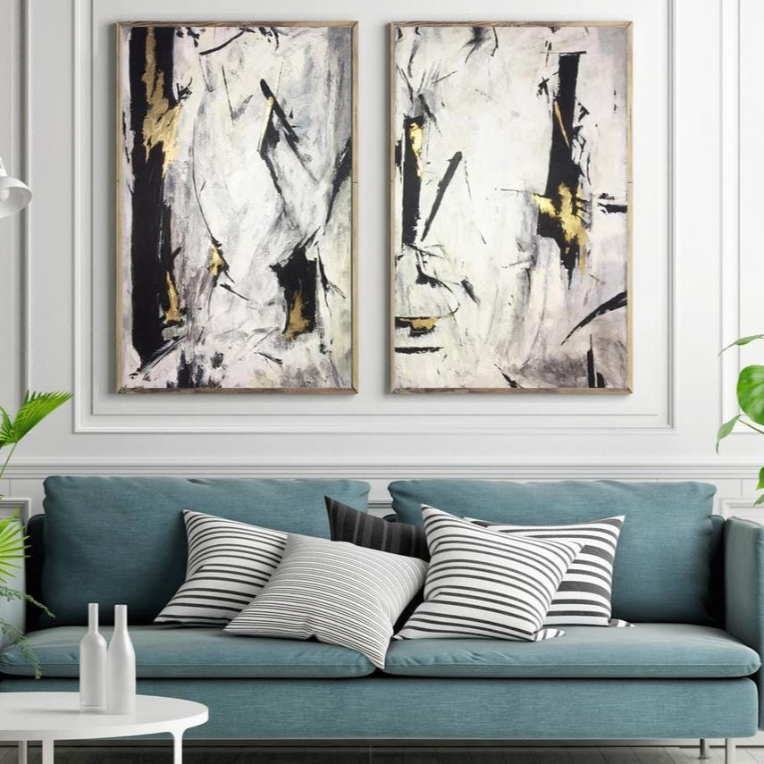 Oil Paint Canvas Set Abstract Art Set Of 2 Black White Abstract Painting Office Decor Minimal Art Texture Painting | POTENTIAL GROWTH - Trend Gallery Art | Original Abstract Paintings