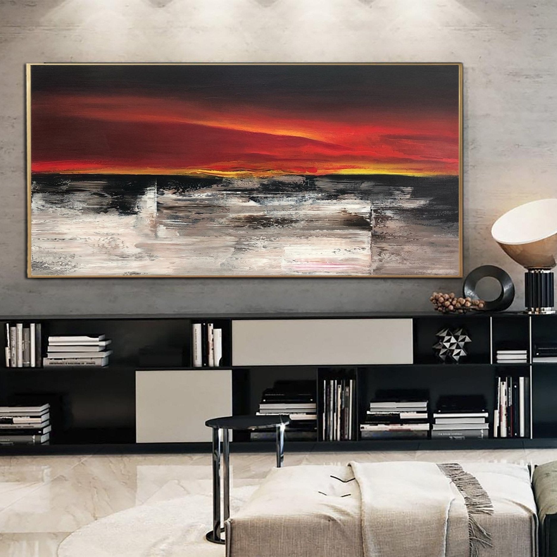 Abstract Landscape Painting Canvas Colorful Wall Art Red Artwork Personalized Painting 40x60 Art Sunset Painting above Bed Decor | SUNSET ABOVE FIELD - Trend Gallery Art | Original Abstract Paintings