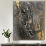 لوحة تجريدية كبيرة جدًا للجدار العمودي على شكل حصان لوحة تجريدية أصلية باللون الرمادي المطبوع على شكل ورقة ذهبية | NOBLE HORSE