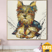 الأصلي النفط مجردة حريري الكلب اللوحة الجميلة الفن يوركشاير الكلب الملونة الحديثة جدار الفن إطار اللوحة | CUTIE 24"x24"