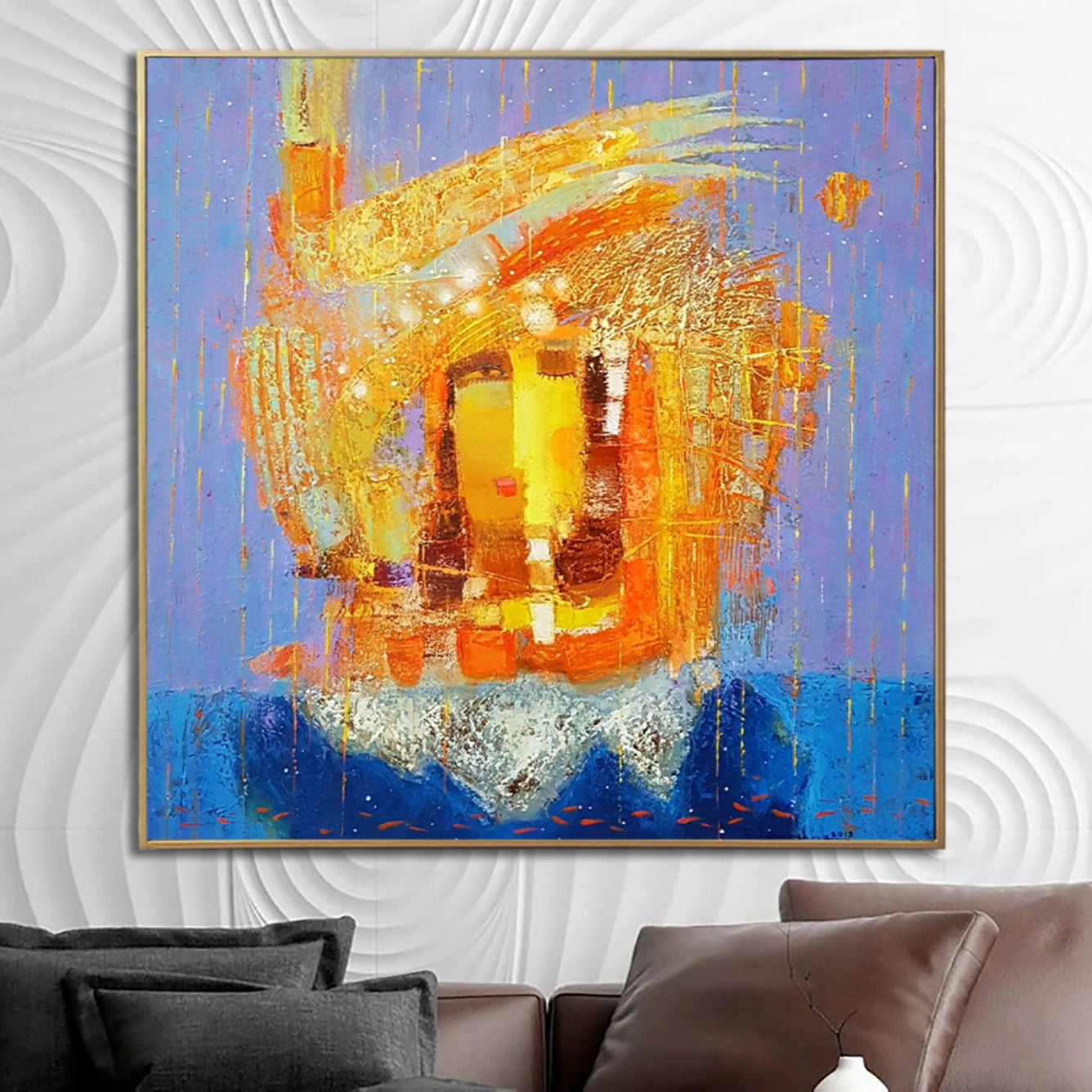 Large Original Abstract Blue And Orange Paintings On Canvas Textured Painting Creative Wall Art Modern OIl Painting | FIRE BALL - Trend Gallery Art | Original Abstract Paintings