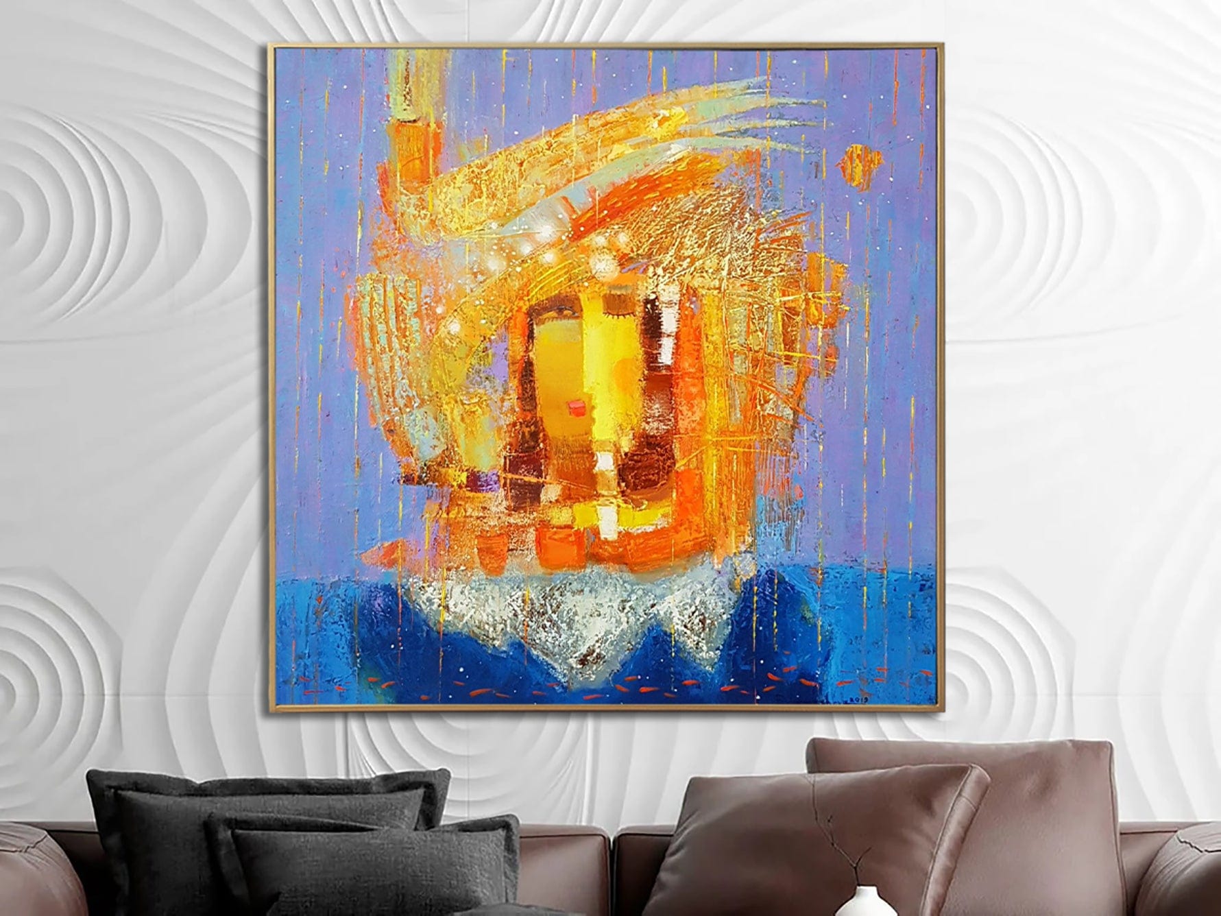 Large Original Abstract Blue And Orange Paintings On Canvas Textured Painting Creative Wall Art Modern OIl Painting | FIRE BALL - Trend Gallery Art | Original Abstract Paintings