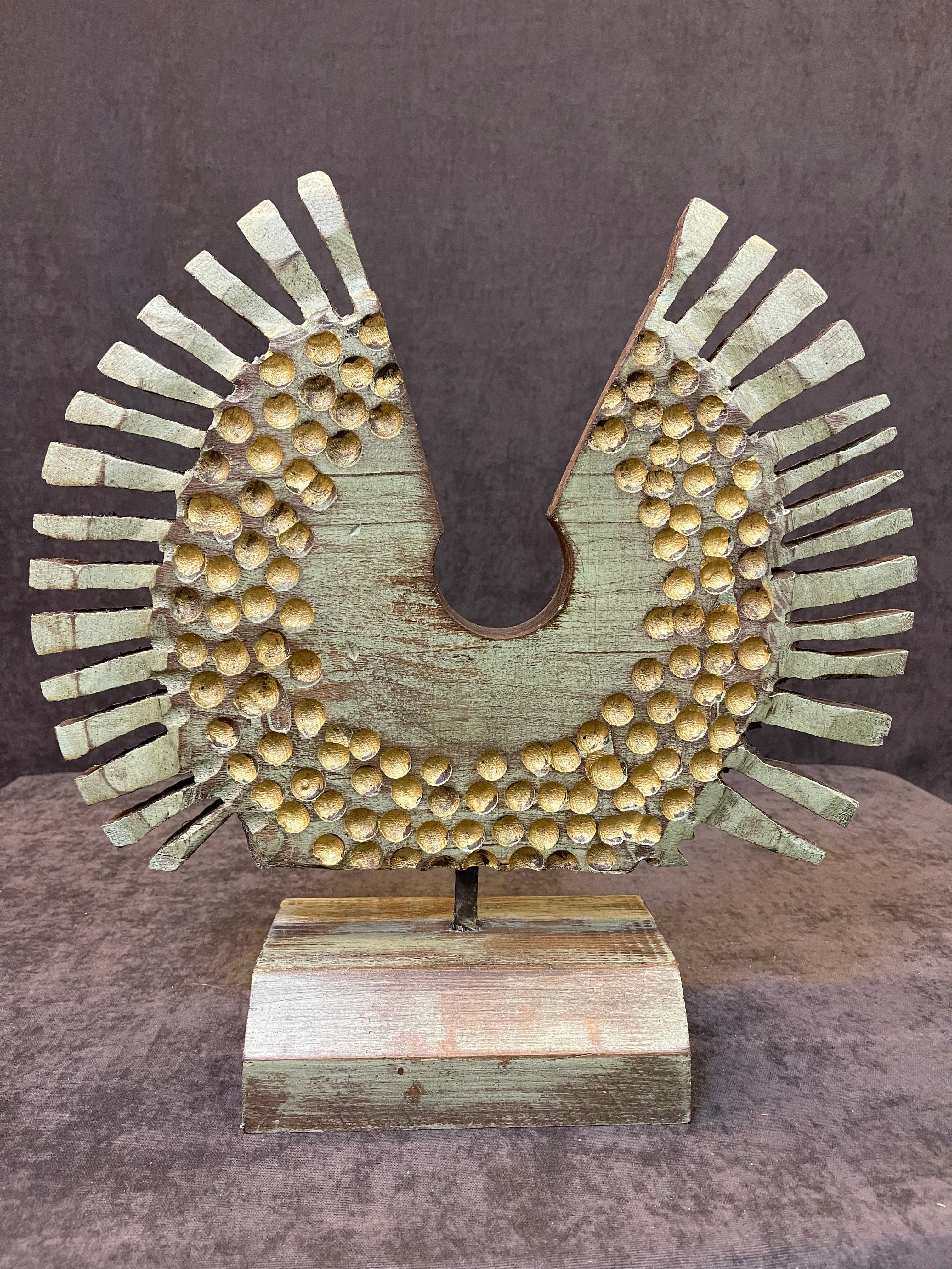 Creative Figurative Wood Sculpture Hand Carved Modern Sculpture Gold Wood Desktop Art for Home | PHEASANT 15.8"x15.8" - Trend Gallery Art | Original Abstract Paintings