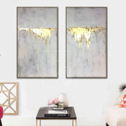 لوحة زيتية تجريدية لوحة قماشية أصلية باللون الرمادي لوحة أوراق ذهبية مكونة من قطعتين| GOLDEN WATERFALL