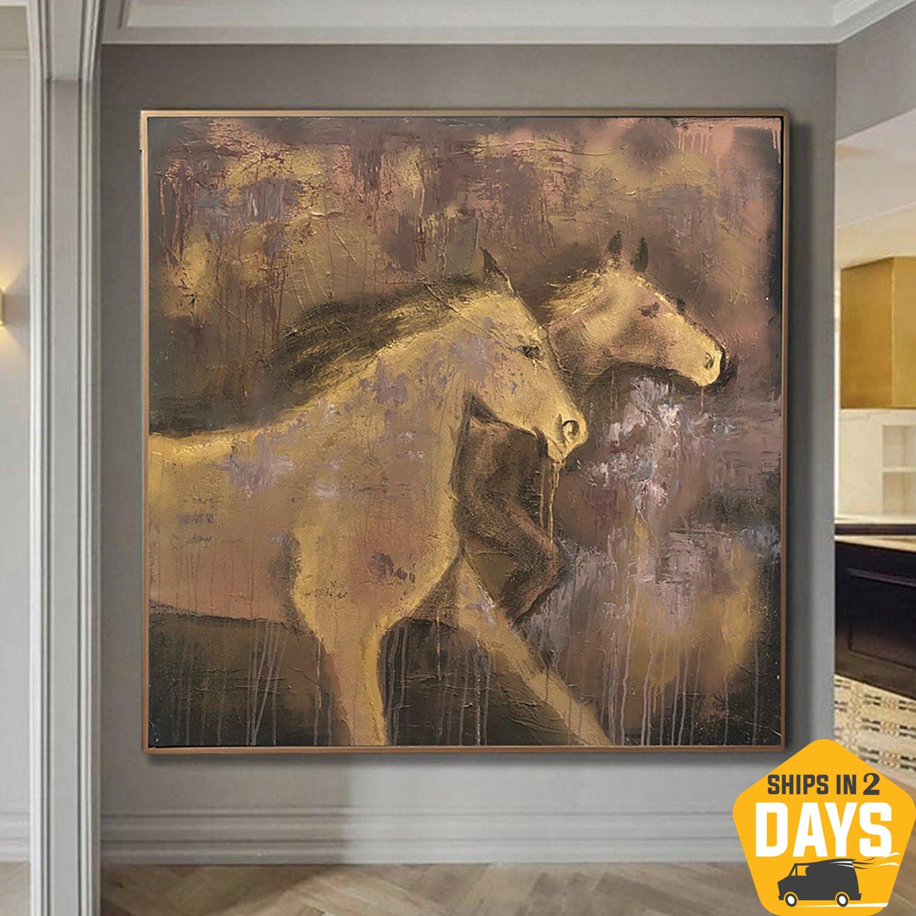 Brown Horses Painting Modern Impressionist Art Luxury Painting Abstract Animal Painting Textured Wall Art | RUNNING HORSES 46"x46" - Trend Gallery Art | Original Abstract Paintings