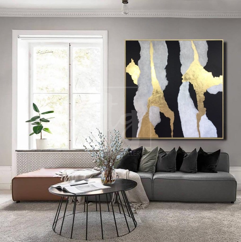 Black And White Painting Gold Leaf Painting On Canvas Abstract Living