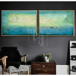 اللوحة الخضراء الحديثة اللوحة مجردة النفط اللوحة جدار اللوحة على قماش 2 قطعة | TURQUOISE MEADOW
