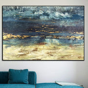 لوحة جدارية أصلية من Seascape Art: لوحة زيتية من أوراق الشجر الزرقاء والذهبية البحرية على قماش بحجم وإطار مخصصين للديكور بأسلوب بحري | NEAR THE BEACH