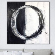 لوحات تجريدية كبيرة على شكل دائرة سوداء وبيضاء على القماش ، عمل فني حديث ، ديكور فني جداري بسيط | INVERSE CIRCLE