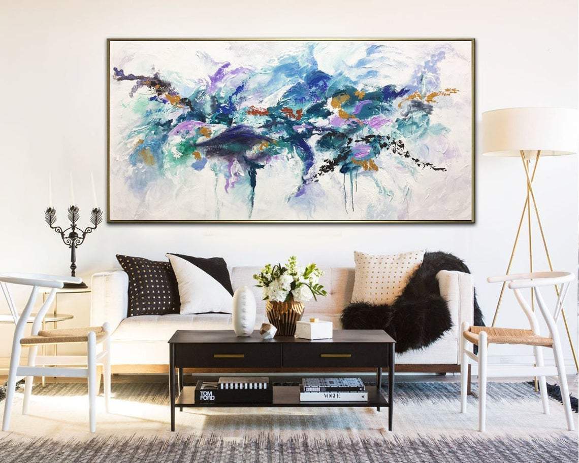 Large Contemporary Art Colorful Painting White Wall Art Blue Abstract Painting | MARINE FAUNA - Trend Gallery Art | Original Abstract Paintings