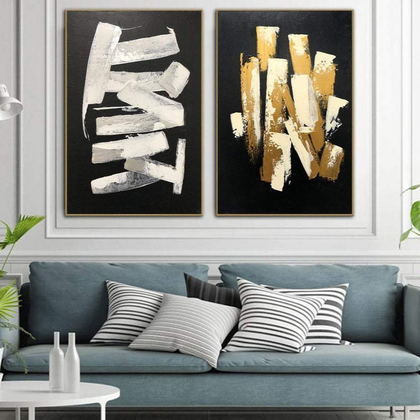 Black Fine Art On Canvas Modern Wall Art Set Of 2 Paintings Gold and White | BREATHING - Trend Gallery Art | Original Abstract Paintings