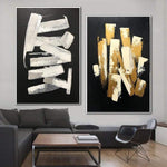 مجموعة فنية جدارية سوداء على القماش من لوحتين باللونين الأبيض والذهبي | BREATHING