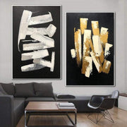 Black Fine Art On Canvas Modern Wall Art Set Of 2 Paintings Gold and White | BREATHING - Trend Gallery Art | Original Abstract Paintings
