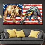 Extra Large Wall Art Bull VS Bear Painting National Flag USA National Painting Oil On Canvas Original Wall Art | BULL VS BEAR