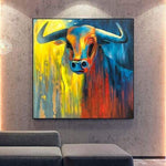 Multicolored impressionist bull painting on canvas: abstract original buffalo painting in red, blue, yellow animal wall art | EYES OF BEAUTY