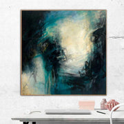 Abstract contrast canvas painting: original impasto oil painting in blue, white, black, yellow colors as contemporary wall art | RAY OF SUNSHINE