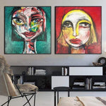 Abstract Face Paintings Large Set of 2 Artworks Cubism Wall Art Figurative Art Abstract Female Face Painting Pop Art Painting | FEMALE SMILE