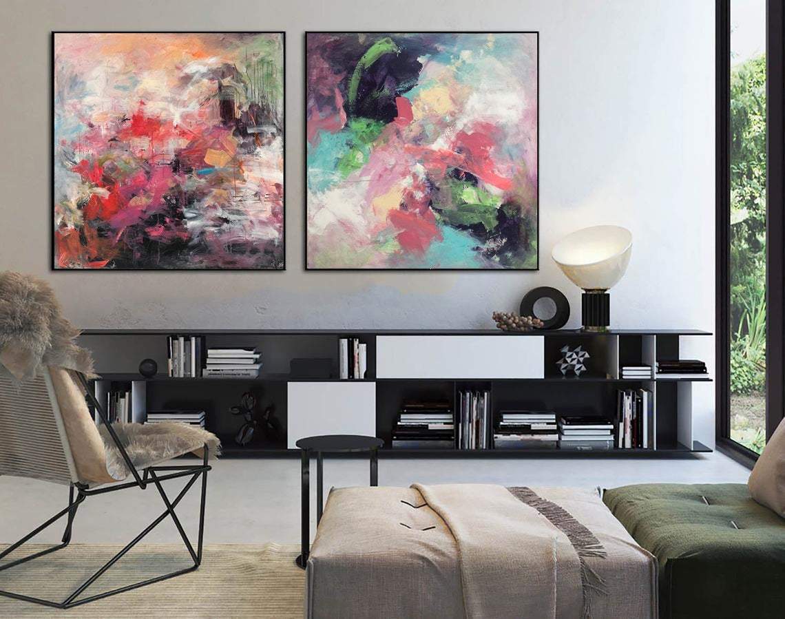 Large Set of 2 Paintings Abstract Colorful Wall Art Canvas Vibrant Art Splash Wall Art Diptych Painting Hand Painted Art | SPLASH OF FLOWERS - Trend Gallery Art | Original Abstract Paintings