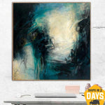 لوحة تجريدية كبيرة على القماش: عمل فني زيتي أصلي باللون الأزرق والأبيض والأسود والأصفر كفن معاصر لغرفة المعيشة | RAY OF SUNSHINE 46"x46"