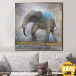 الفيل جدار الفن الحيوان الفن كبير الأصلي النفط الطلاء الذهب ورقة الفن الفيل اللوحة | "ELEPHANT IN THE FOG 32"x32