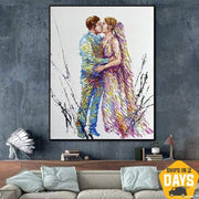 لوحة تجريدية أصلية من القماش الرومانسي للزوجين المحبين الحديثة والمعاصرة لوحة زيتية جدارية فنية إبداعية | WEDDING KISS 24"x20"