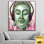Large Original Painting With Headphones Fine Art Asian Oil Paintings On Canvas Wall Art Decor | INSPIRATIONAL VIBE 28"x28"