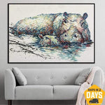 لوحة فرس النهر تجريدية كبيرة جدًا للحيوانات لوحات فنية رائعة من Impasto على لوحة زيتية قماشية ديكور فني حديث | FIRST STEPS 20"x27"
