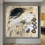 لوحات تجريدية أصلية باللون البيج على قماش أسود أكريليك فن جداري حديث | PERPETUUM MOBILE