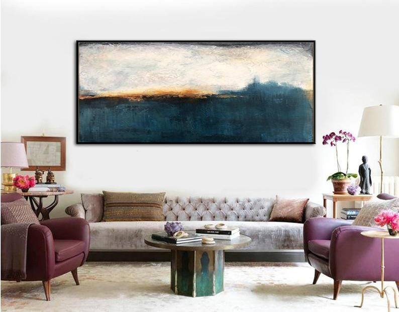 Large Framed Art Landscape Painting On Canvas Abstract Sunset Wall Art Blue Painting Modern Wall Art Acrylic | NIGHT FOREST - Trend Gallery Art | Original Abstract Paintings