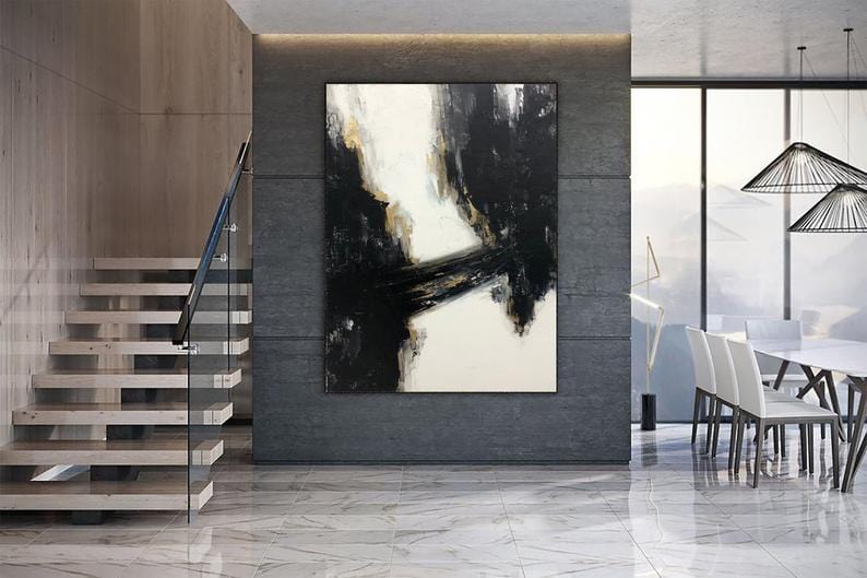 Oversized Wall Art Canvas Modern Wall Art Black And White Painting Gold Leaf Art Fine Art Painting | GOLDEN BRIDGE - Trend Gallery Art | Original Abstract Paintings