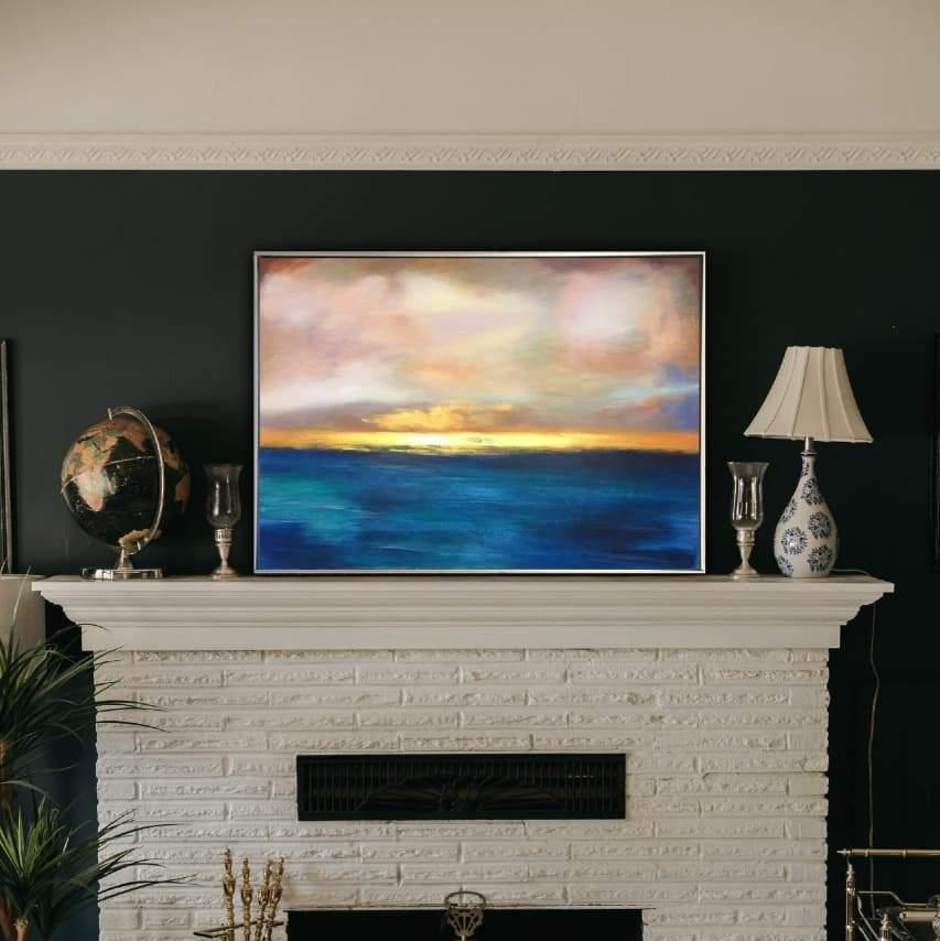 Sunset Painting Abstract Blue Ocean Wall Art Gold Horizon Fine Art Large Ocean Thick Paint Unique | SUMMER SUNSET - Trend Gallery Art | Original Abstract Paintings