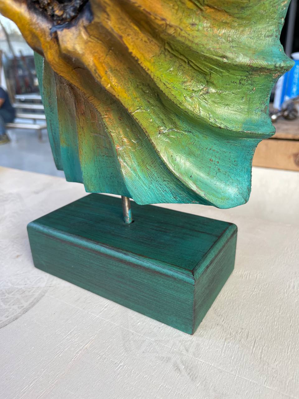 Original Oval Wood Sculpture Abstract Green Table Statue Modern Desktop Art Wood Desktop Art | DORMANT VOLCANO 15.8"x7.8" - Trend Gallery Art | Original Abstract Paintings